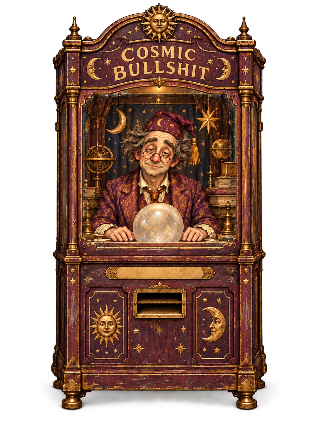 A tired cosmic clerk in a rumpled paisley suit, seated behind the glass of a brass-trimmed fortune machine.